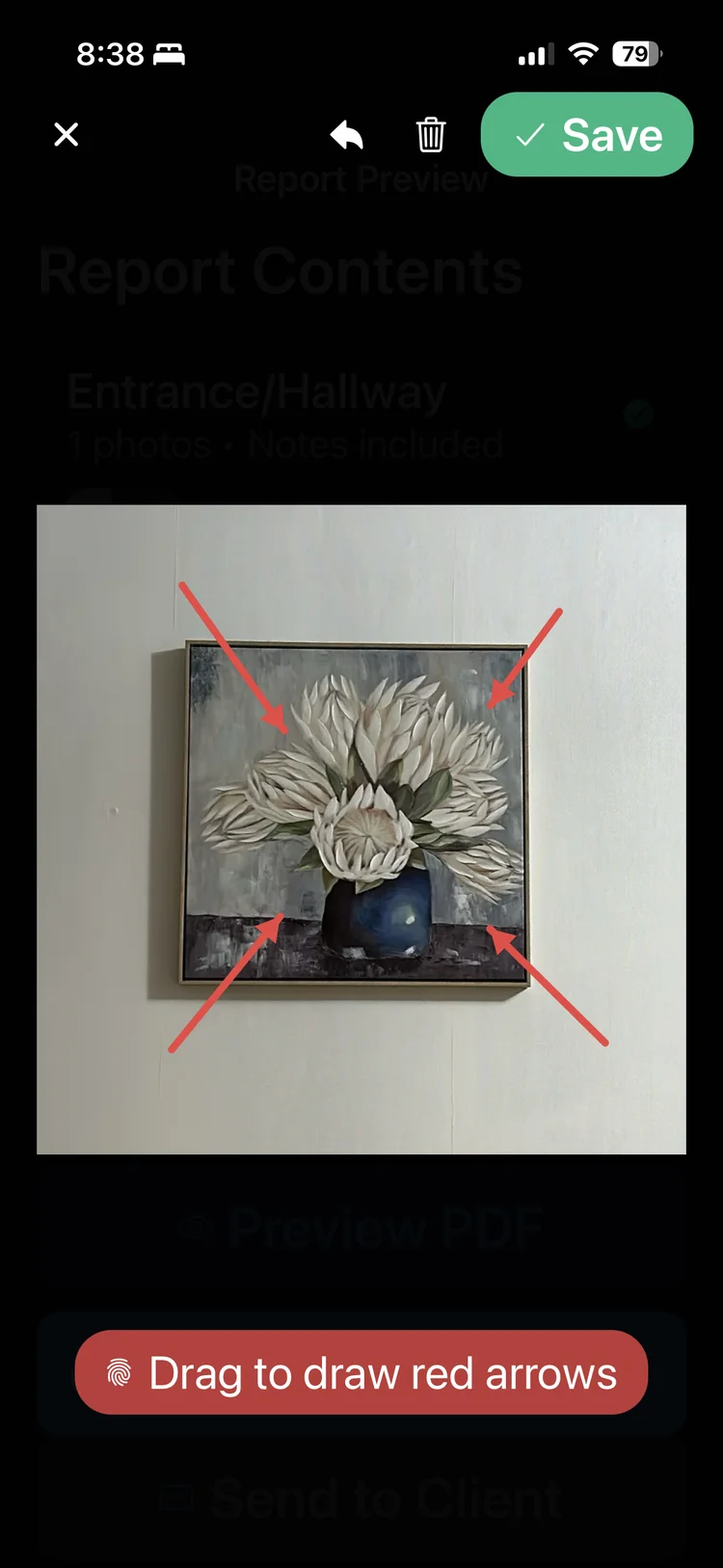 InspectPro inspection app showing photo annotation with red arrows on iPhone