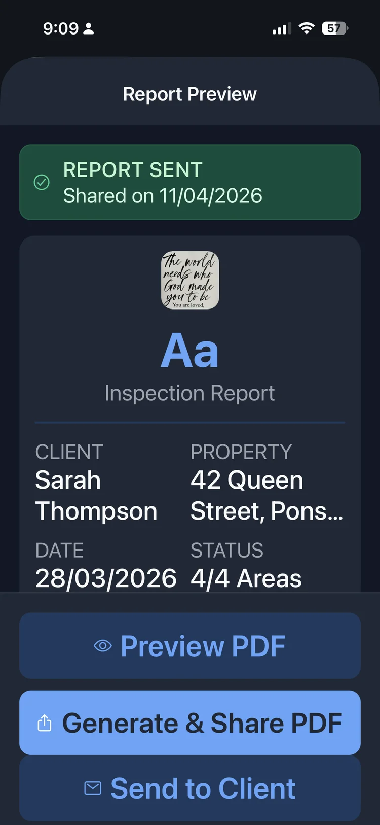 Professional PDF inspection report generated on mobile