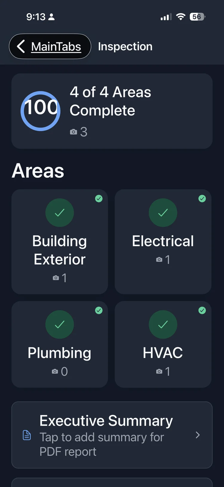 InspectPro mobile app showing inspection areas with completion progress on iPhone