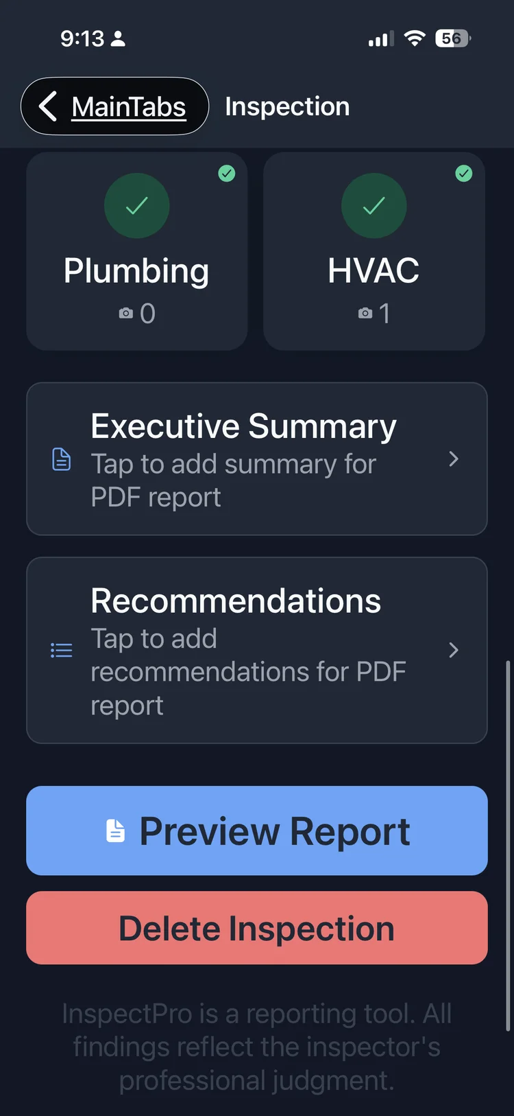 Mobile inspection reporting app showing report preview on iPhone